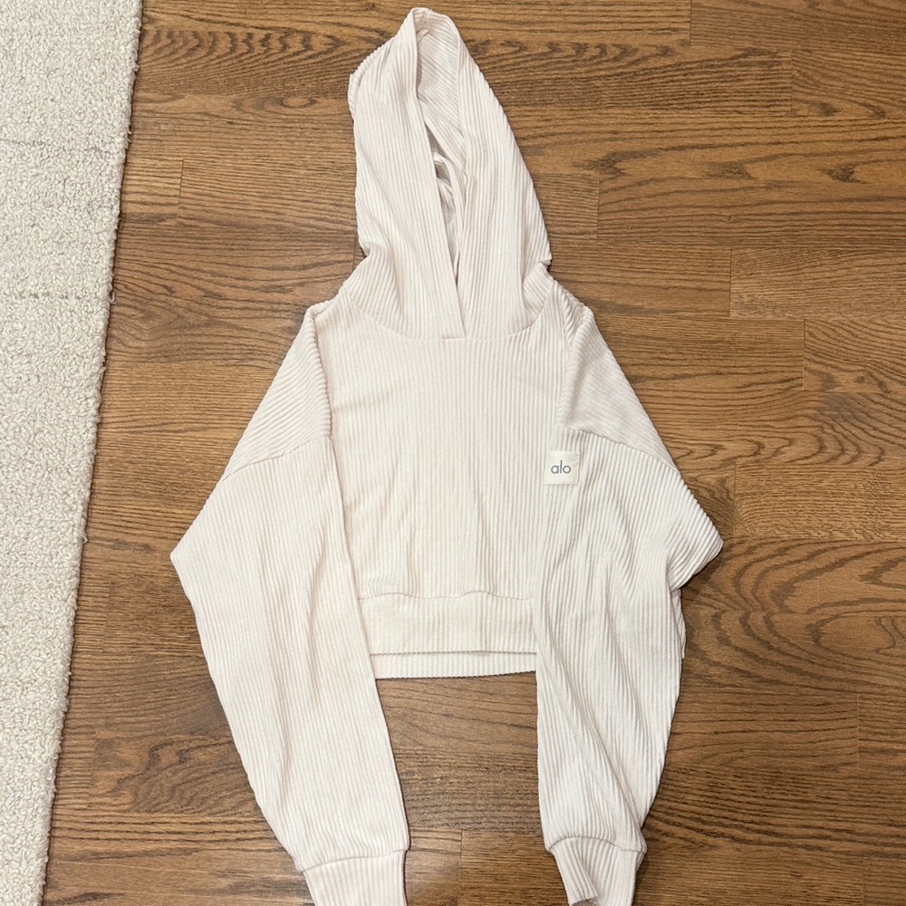 ALO Cream Ribbed Hoodie - Picture 9 of 13